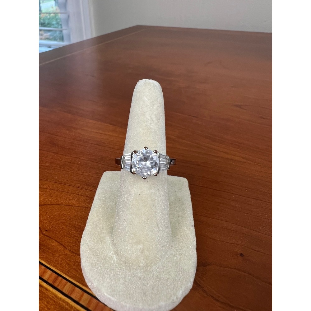 Silver Tone Round Cut Three Stone Cocktail Ring with Baguette Accents Size 4
